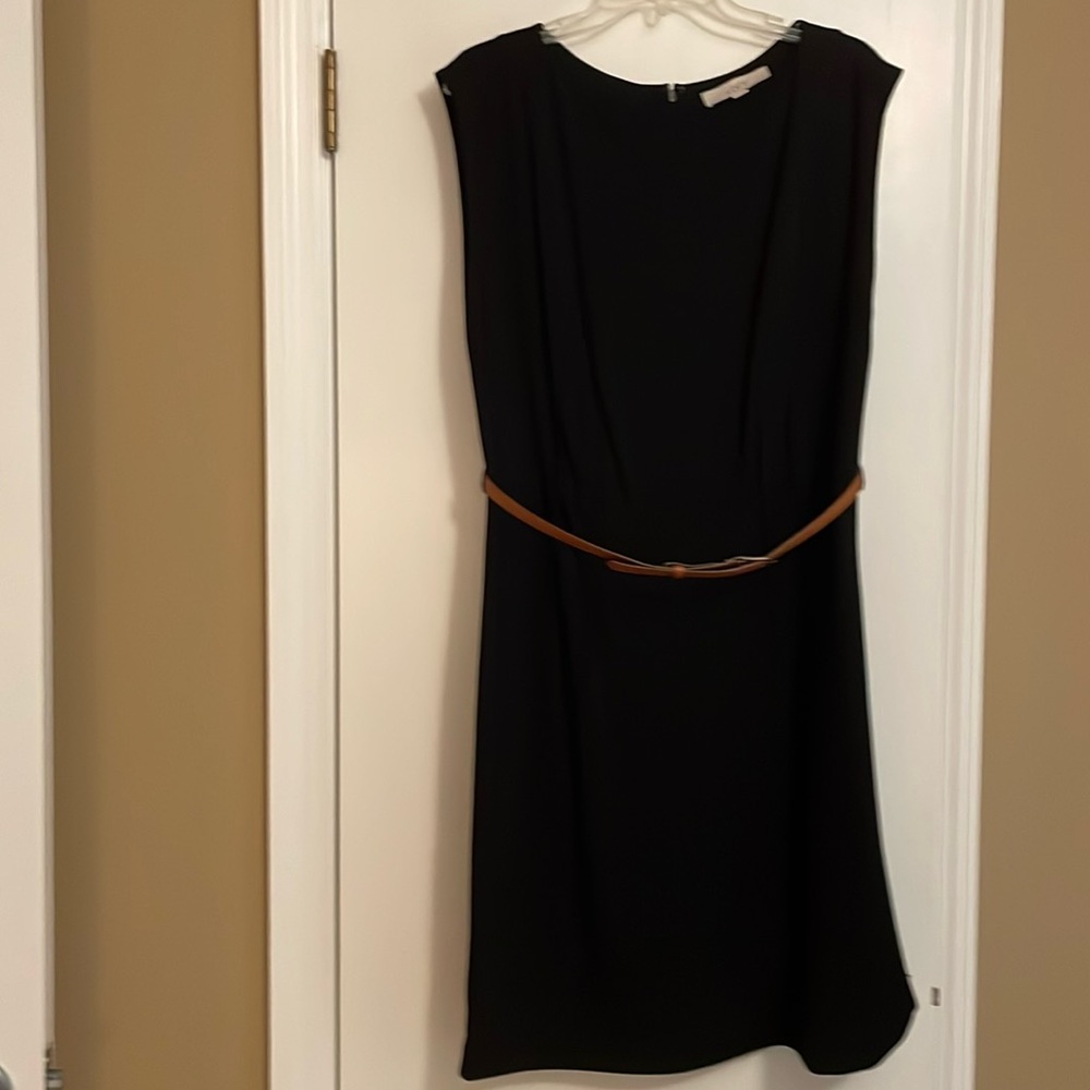 Loft black dress with brown belt size 12